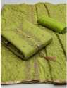 Green Unstitched Ladies Embroidered Cotton Suit