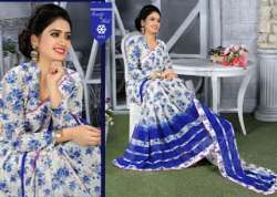 New Arrival White And Blue Printed Saree