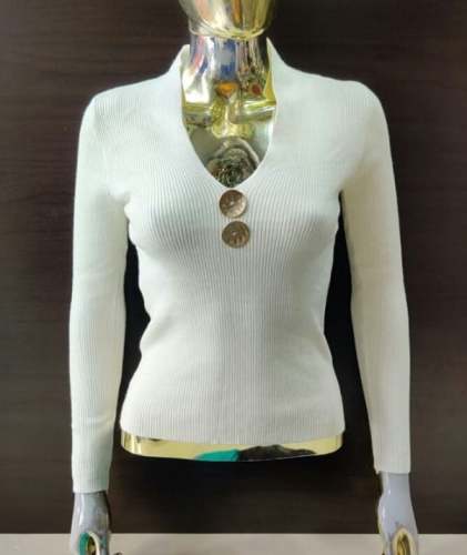 New White Long Full Sleeve Knitted Western Top by Nakoda Nx