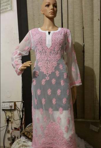 Blue Lucknowi Chikankari Work Rayon Kurti Pant Set With Dupatta