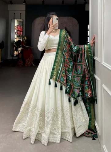 Off White Georgette Chikankari Lehenga Choli  by Grootinn