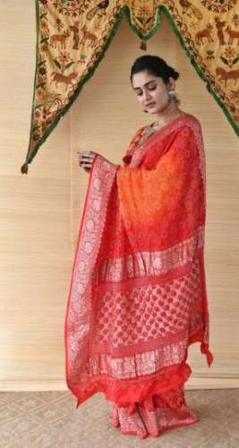Elegant Red And Pink Handloom Bandhani Saree by Patan Patola Komal Handicraft
