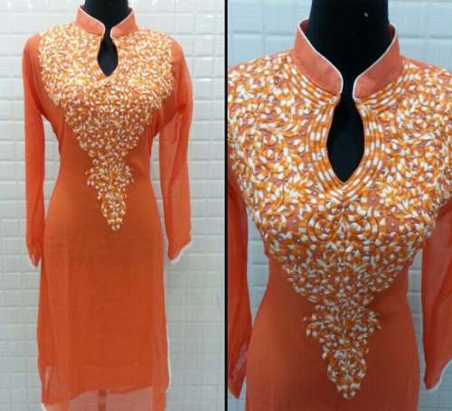 Buy Orange Embroidery Chiffon Kurti For Women by Pushpanjali Collection