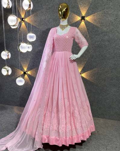 Latest Light Pink Faux Georgette Embroidered Gown
