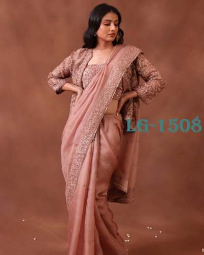 Peach Designer Organza Embroidered Saree