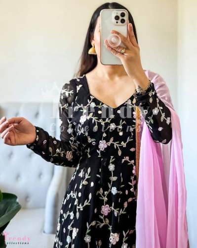 Pretty Black Sequence Work Georgette Gown