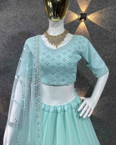 Turquoise Georgette Sequence Semi Stitched Lehenga