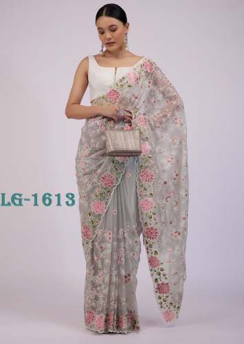 Wedding Wear Organza Thread Work Saree 