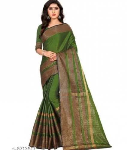 Fancy Mehandi Green Silk Cotton Saree by Mynda Clothing