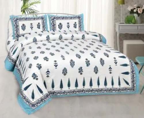 Jaipuri White and Blue Cotton Bed Sheet by Manvi Boutique