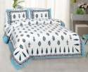 Jaipuri White and Blue Cotton Bed Sheet