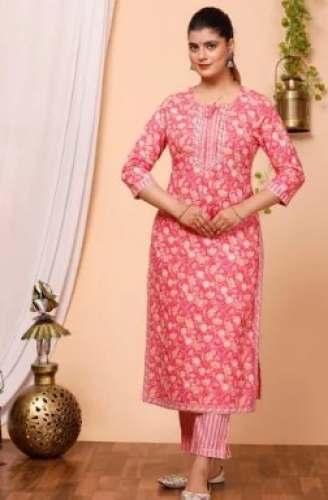 Latest Pink Cotton Kurti Pant set by Manvi Boutique