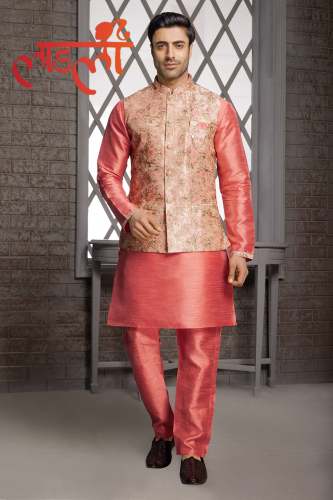 Trendy Wedding Wear Mens Kurta Pajama with Koti by Laadli sarees