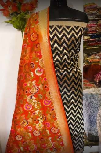 Black Banarasi Silk Unstitch Suit For Women by Brahmani Boutique
