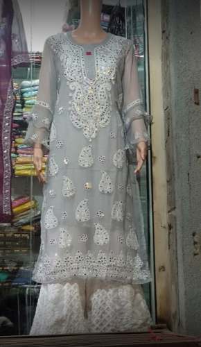 Grey Lucknowi Chikan Kurti Palazzo Set  by Ammara Fashion