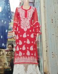 Red And White Chikan Kurti Palazzo Set For Women