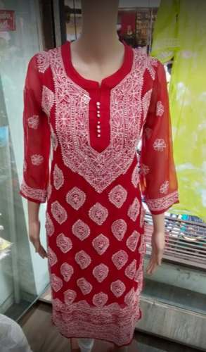 Red Lucknowi Chikan Kurti For Ladies