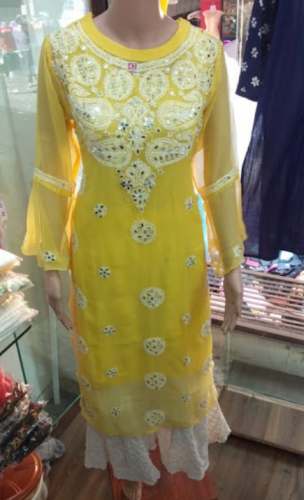 Yellow And White Kurti Palazzo Set At Wholesale by Ammara Fashion