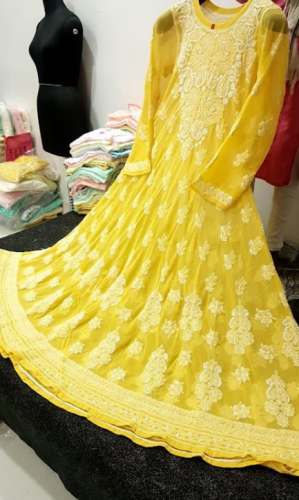 New Yellow Chikan Anarkali Kurti  by Paridhan Chikan Udyog