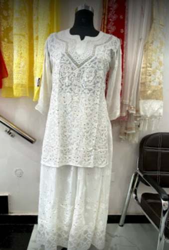 Fancy White Chikan Kurti Palazzo Set For Women by Veer Sons