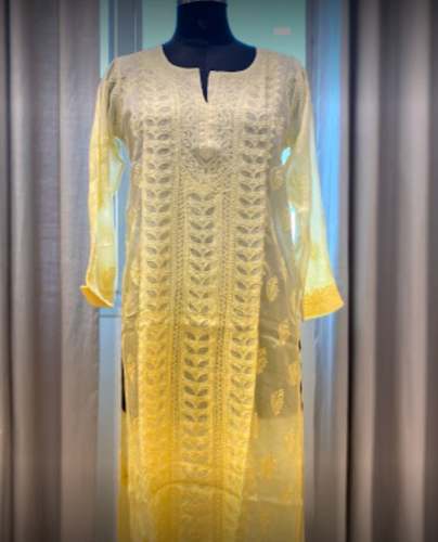 New White And Yellow Chikan Kurti For Women by Veer Sons