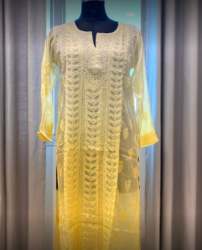 New White And Yellow Chikan Kurti For Women