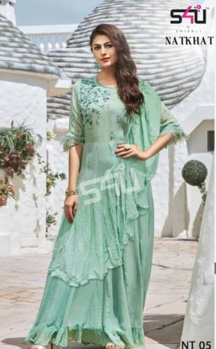 Light Green Ruffle Embroidery Kurti At Wholesale by Pooja Selection