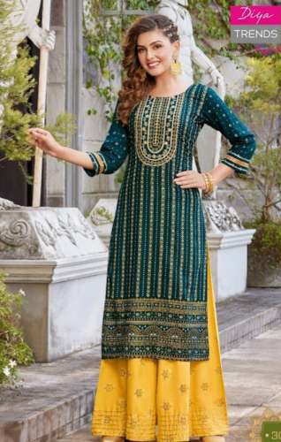 New Green And Yellow Kurti Palazzo Set by Pooja Selection