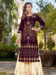New Wine And Cream Rayon Foil Kurti Palazzo Set
