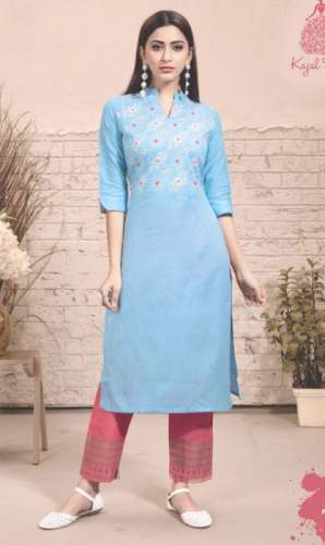 Rayon Sky Blue Kurti Pant Set For Women by Pooja Selection