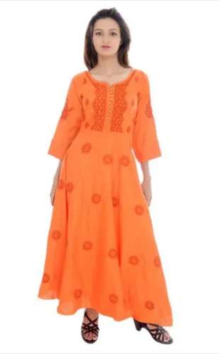 Lucknowi Palin Orange Chikan Kurti by Balaji Handicrafts Private Limited
