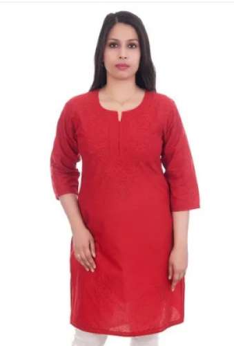 Lucknowi  Plain Red Cotton Chikan Kurti by Balaji Handicrafts Private Limited