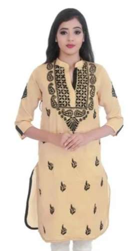 Straight Lucknowi Cotton Chikan Kurti by Balaji Handicrafts Private Limited