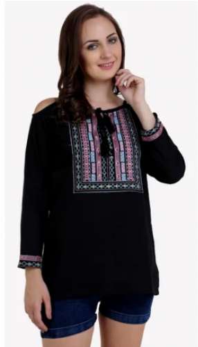 Galaxy Trendz Black color Cold Shoulder Embroidered Top  by Galaxy Enterprises