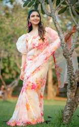 FLORAL Printed Organza Saree With Stitched Blouse