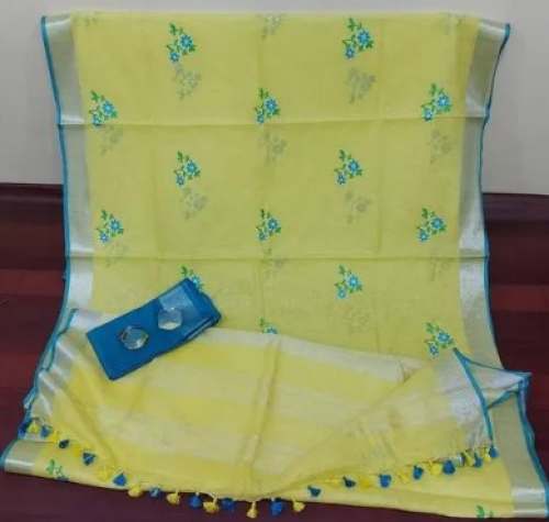 Elegant Yellow Linen Work Saree from Bhagalpur by M S Fabrics