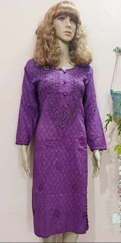 Pure Cotton Purple Lucknowi Hand work Chikan Kurti by SHEHZI CREATIONS