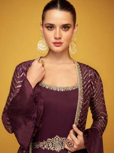 New Collection Wine Embroidered Chinnon Suit