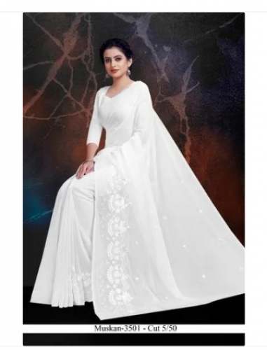 Floral Embroidered Georgette White Saree