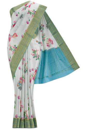 Blue Satin Silk Saree with Floral Print