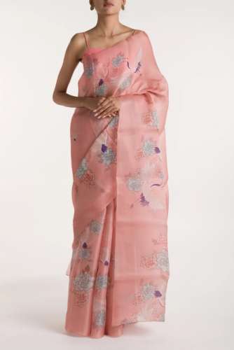 Flying Cranes Pink Satin Organza Saree by Nalli Silk Sarees