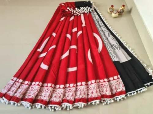 Unique Mulmul Cotton Block Print Saree With Pompom by Darol Hand Block Print