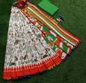 Unique Mulmul Cotton Block Print Saree With Pompom thumb 3