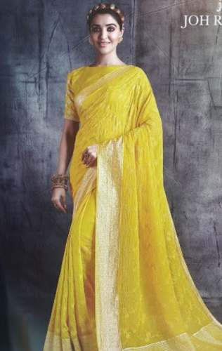 Fancy Yellow Embroidery Saree With Zari Border