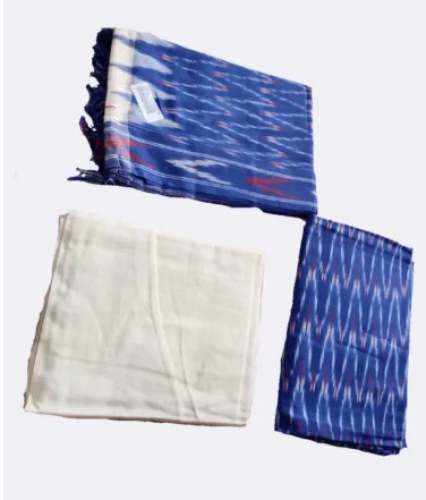 White and Blue Ikat Cotton Dress Material  by Ladies Fashion Hub