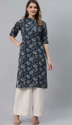 Fancy Blue Cotton Printed Kurti With Pocket  by Wellforia Private Limited