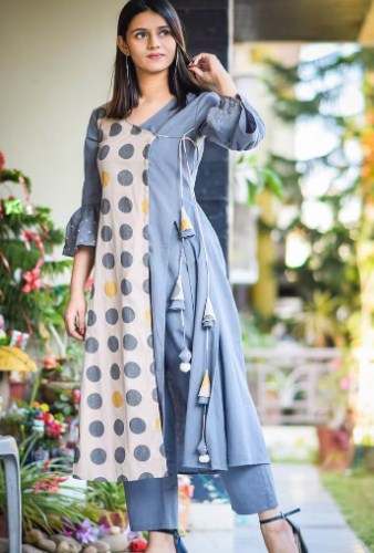 Grey Color Plain and Printed Angrakha Kurti 