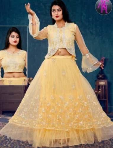 Designer Yellow Lehenga With Shrug on Blouse  by Arihant Fashion Hub