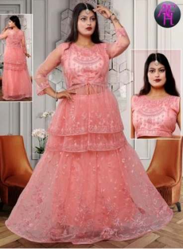Fancy Peach Peplum Style Net Lehenga 