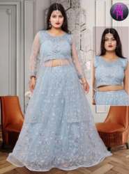 Grey Net Embroidered Crop Top Lehenga 